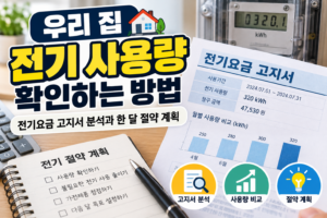 우리 집 전기 사용량 확인 방법을 설명하는 전기요금 고지서와 월별 사용량 비교 그래프
